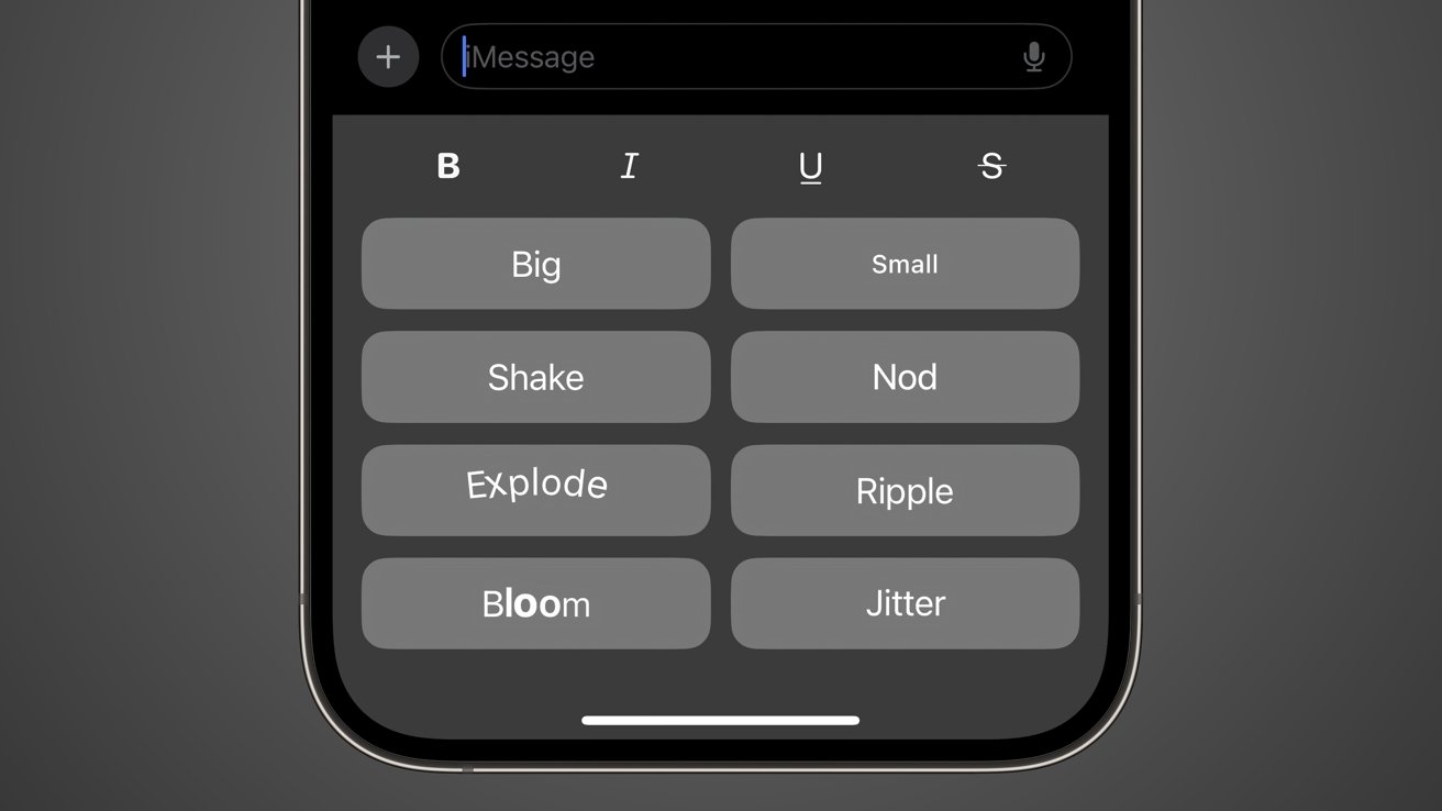 The selection menu for Text Effects like Big, Ripple, and Jitter