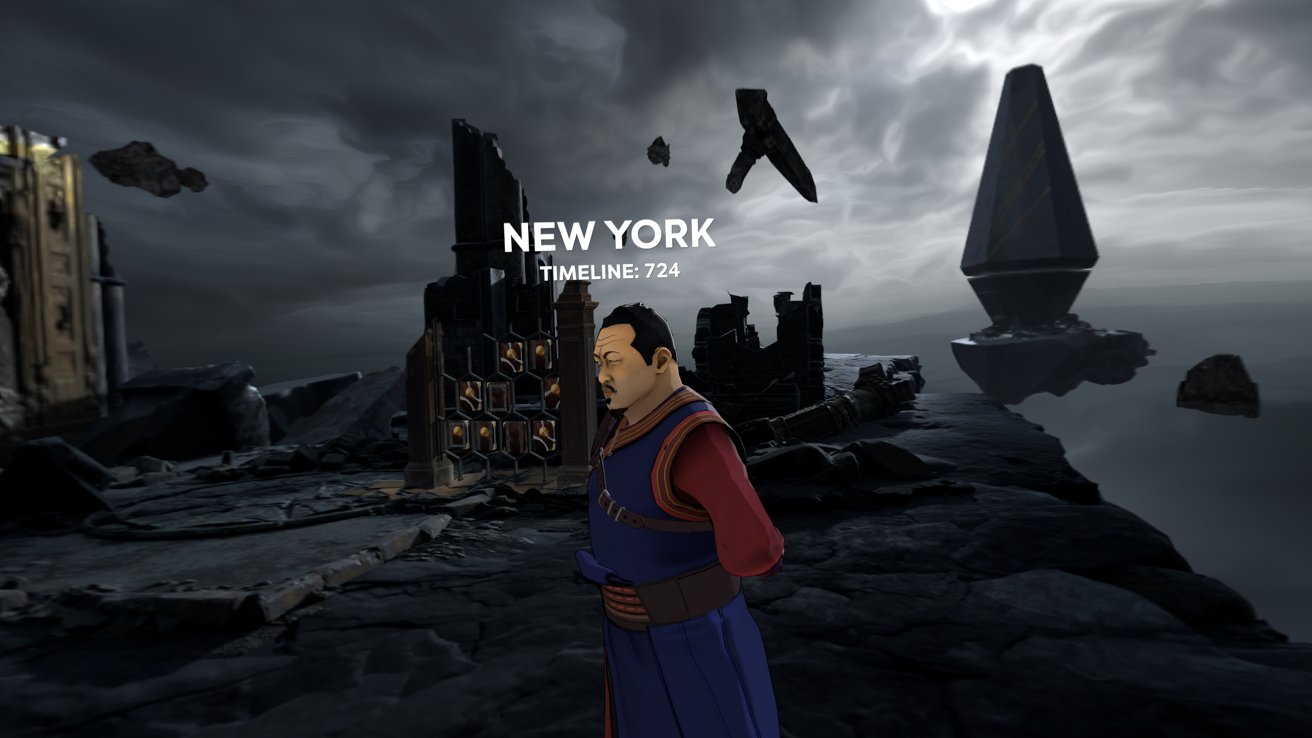 A scene from 'What If?' with Wong standing in a destroyed New York