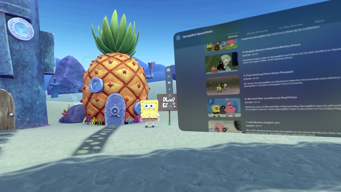 SpongeBob SquarePants stands outside his pineapple house underwater, with a selection of episode thumbnails displayed on the right side.