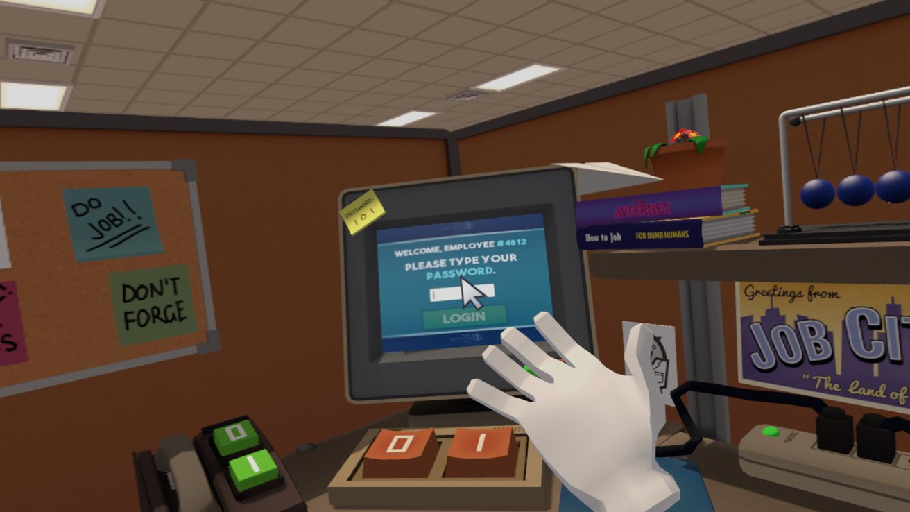 A view in 'Job Simulator' showing a computer terminal in an office