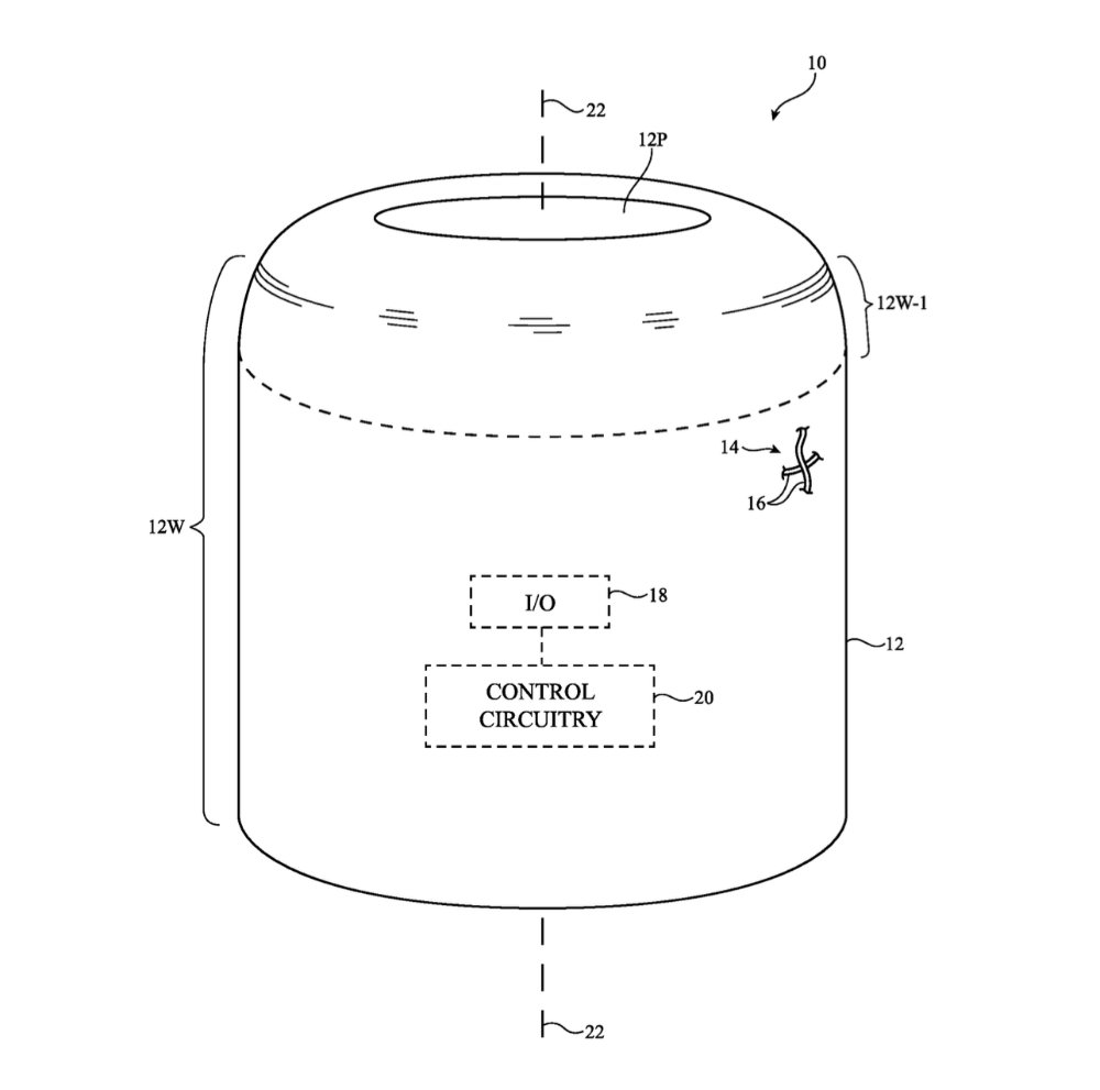 Cylindrical electronic device with an opening on top, labeled sections for input/output, control circuitry, and internal components.