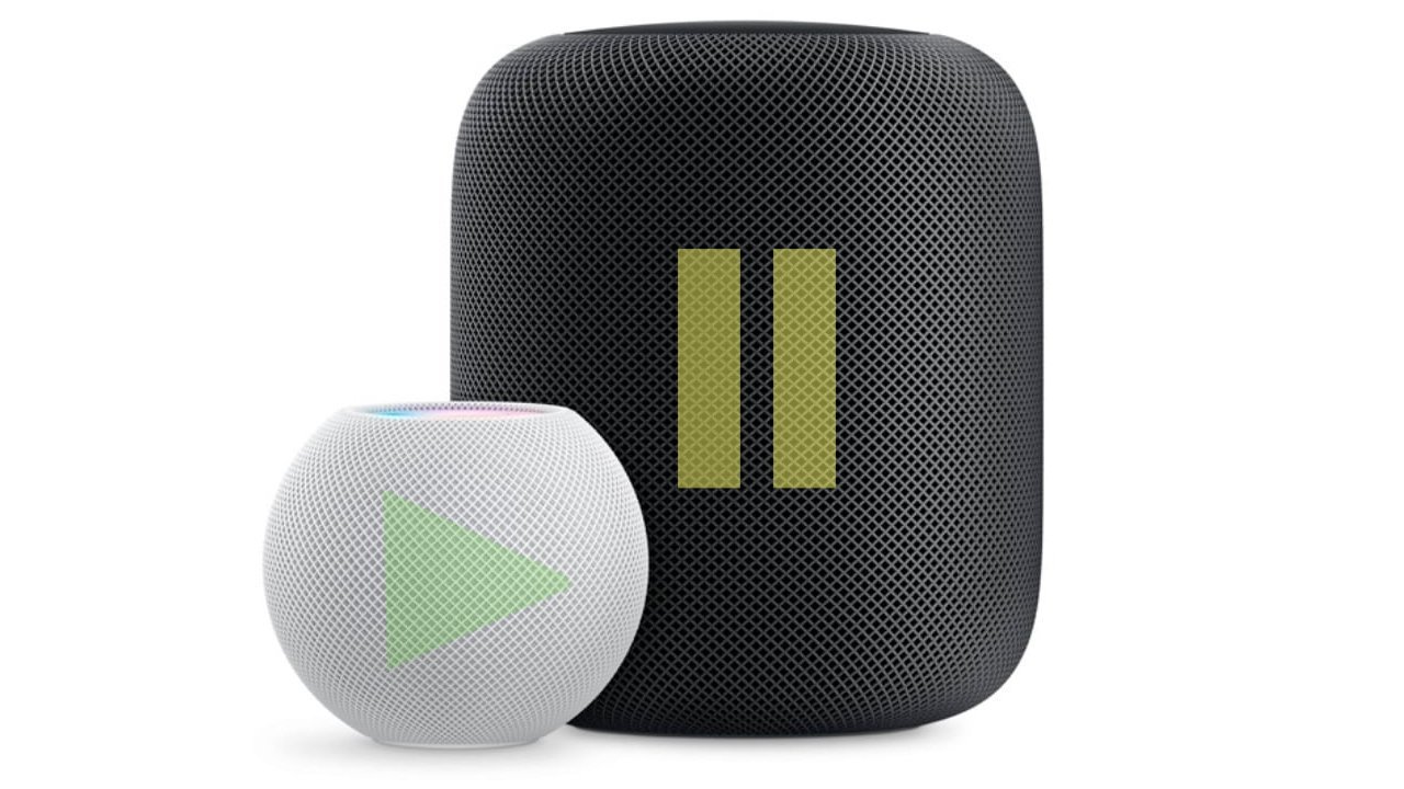 Two smart speakers: a small white speaker with a green play button, and a larger black speaker with a yellow pause button.