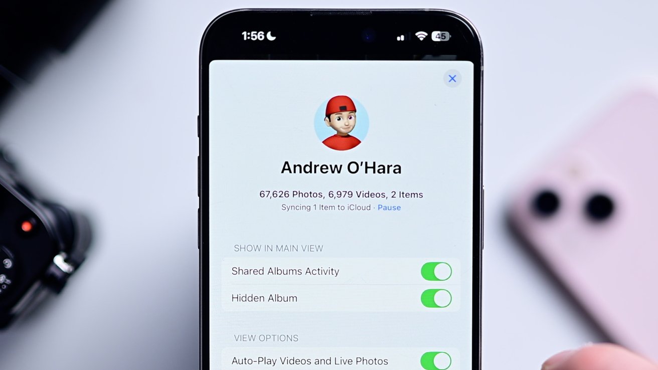 The new profile view of the Photos app, showing a profile photo above library information and a series of toggles