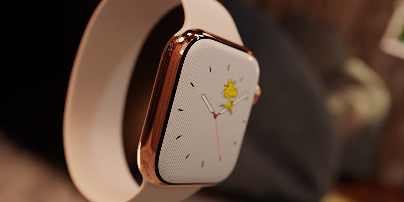 Smartwatch with a white rectangular face, gold-colored metal frame, white strap, and small cartoon bird character on the dial.