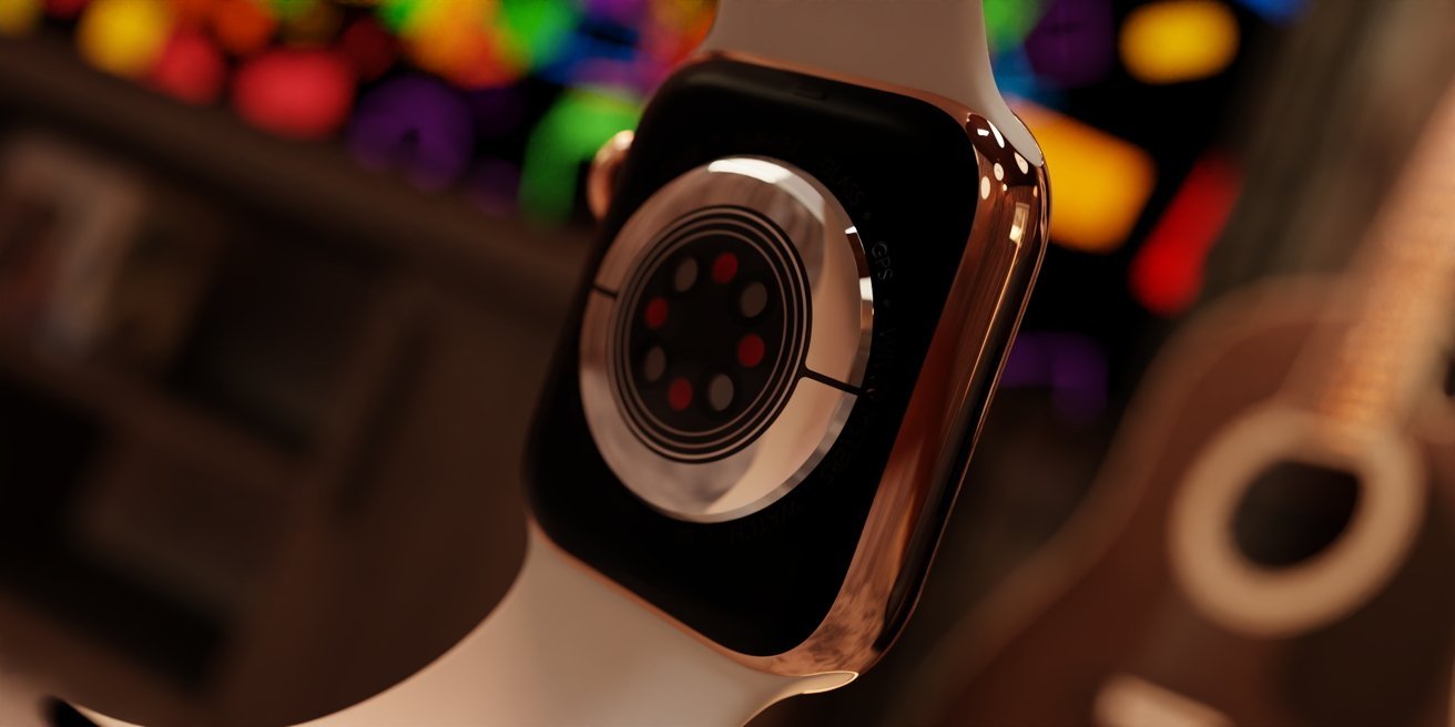 Smartwatch with a golden frame and white band in a warm setting, blurry colorful lights and a guitar in the background.