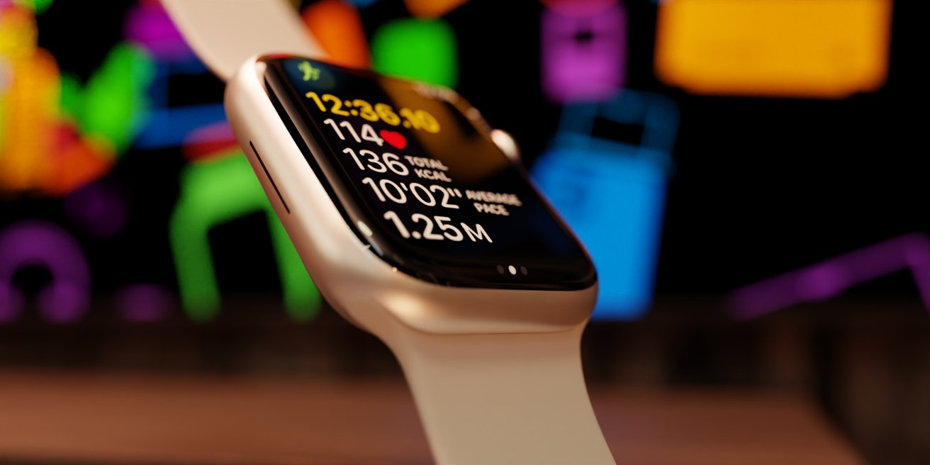 Smartwatch with white strap displaying time, heart rate, calories burned, and distance. Colorful abstract background.