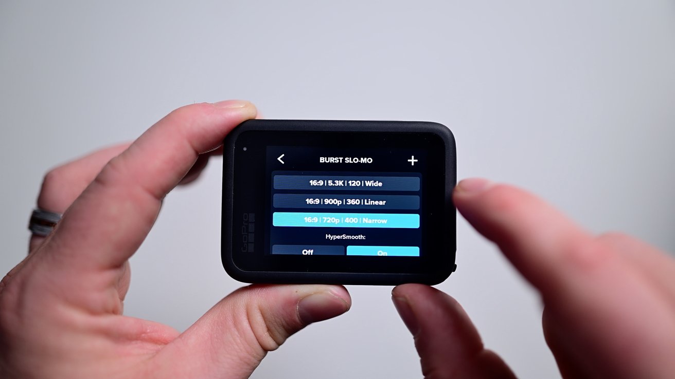 The GoPro on a white table with the settings for the new Burst Slow-mo mode