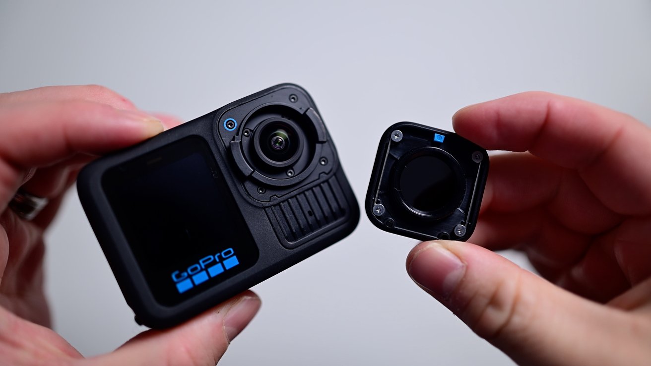 The GoPro Hero 13 Black on a white table with its lens removed