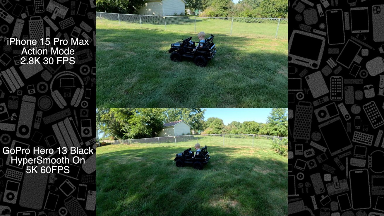 Sample footage of a toddler driving with the iPhone footage on top and the wider GoPro footage below