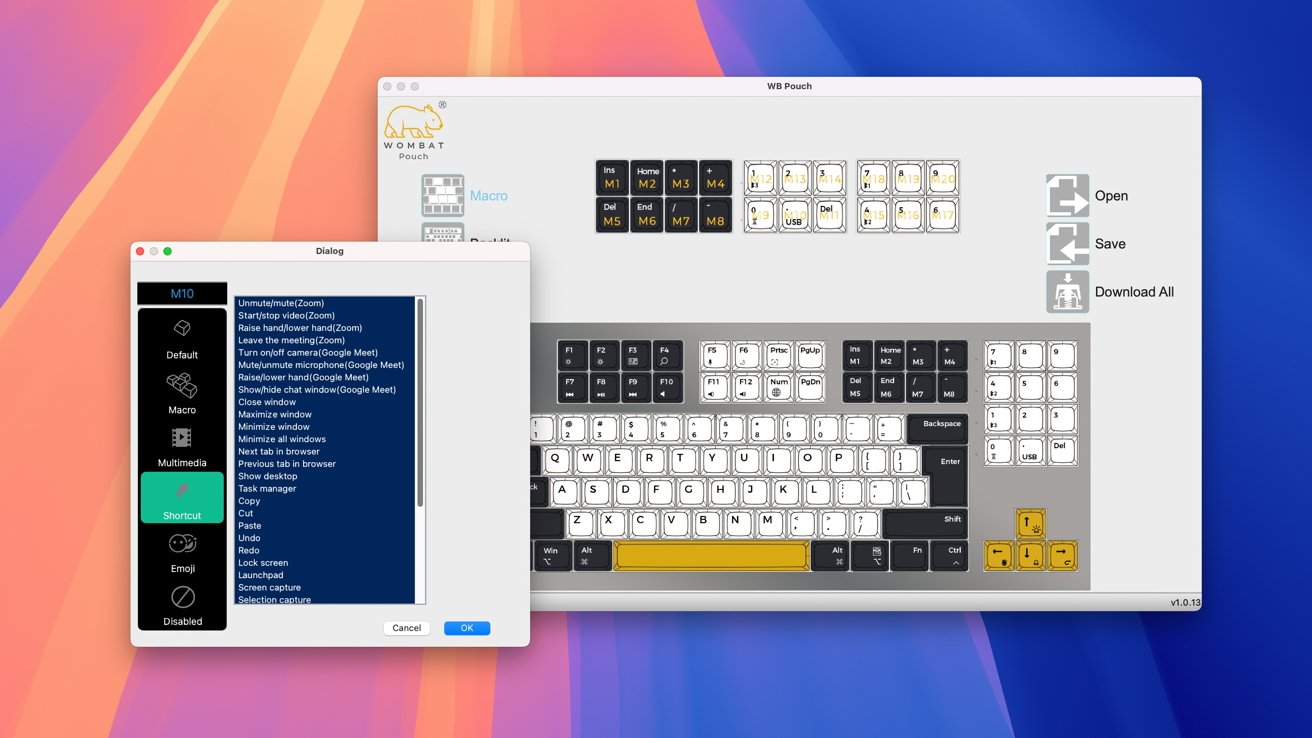 Diagram of a keyboard layout with labeled keys and a pop-up menu listing shortcut functions against a colorful background.