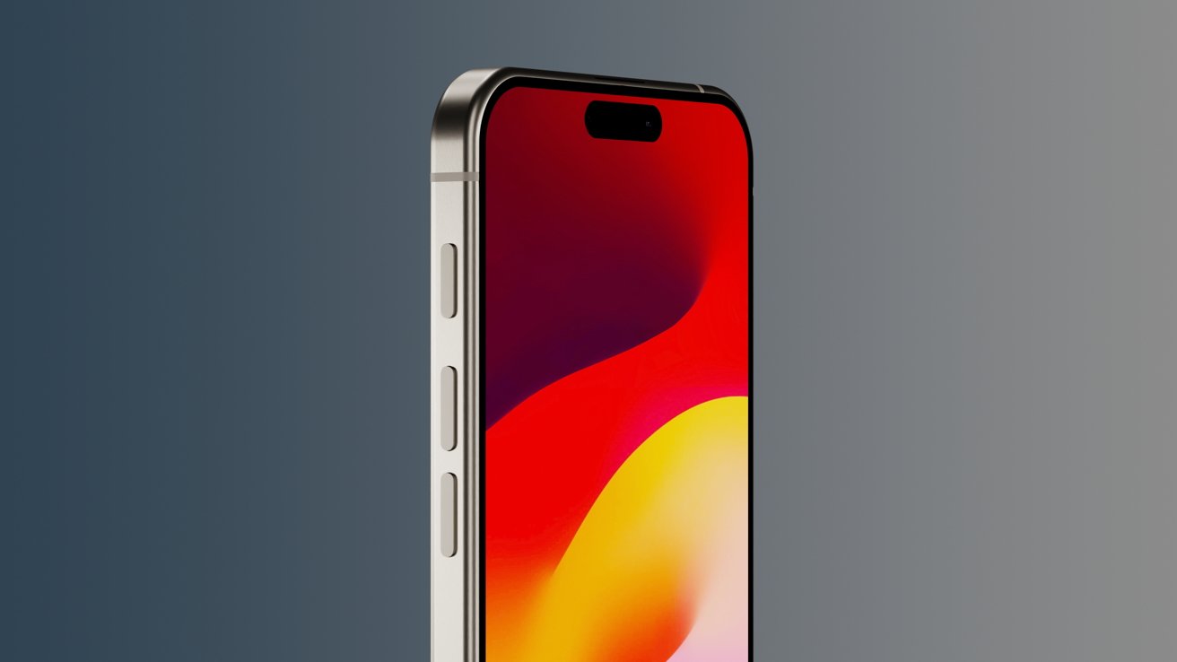 Modern smartphone with a sleek metal frame, volume buttons on the side, and a vibrant display showing a red, orange, and yellow abstract design.