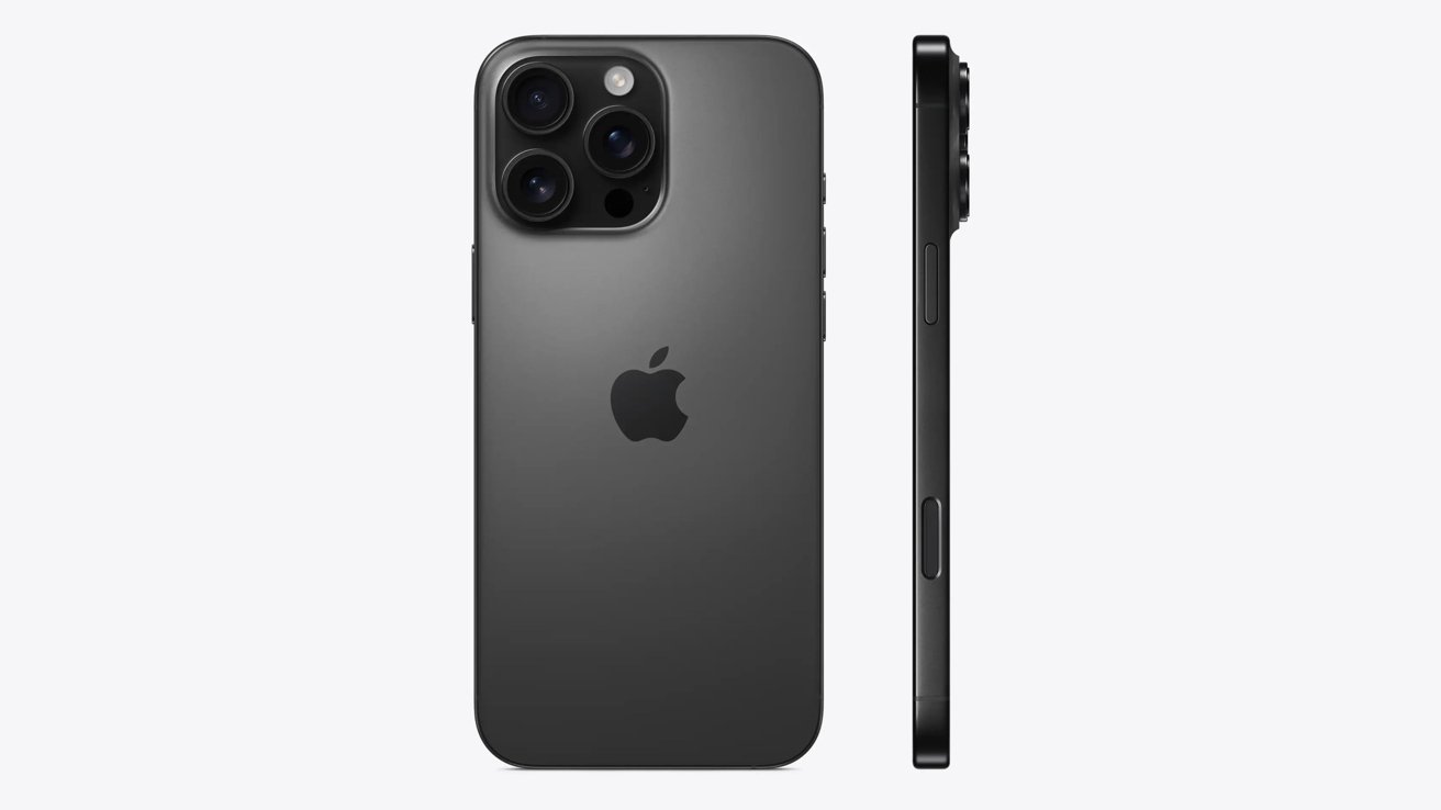 Black smartphone with three rear cameras and Apple logo on the back, shown from both back and side views.