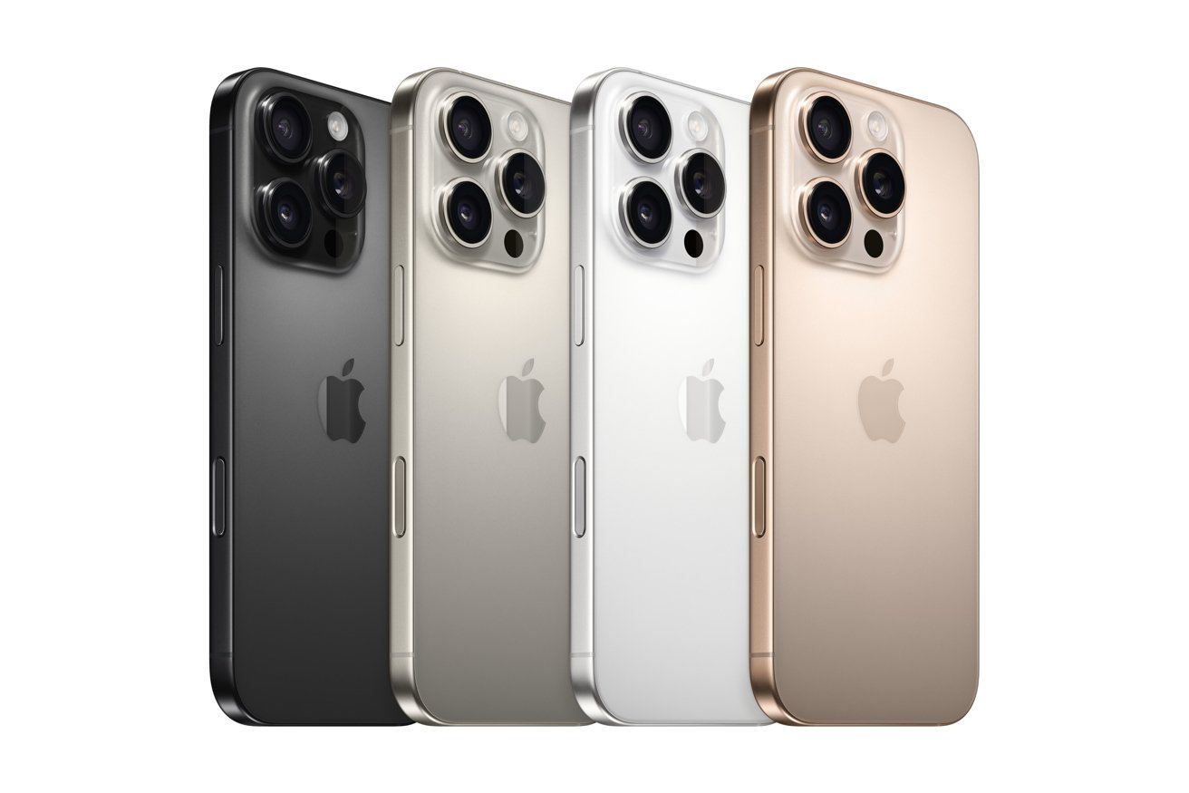 Four smartphones in black, gray, white, and gold, each with a triple camera setup on the back and an Apple logo.