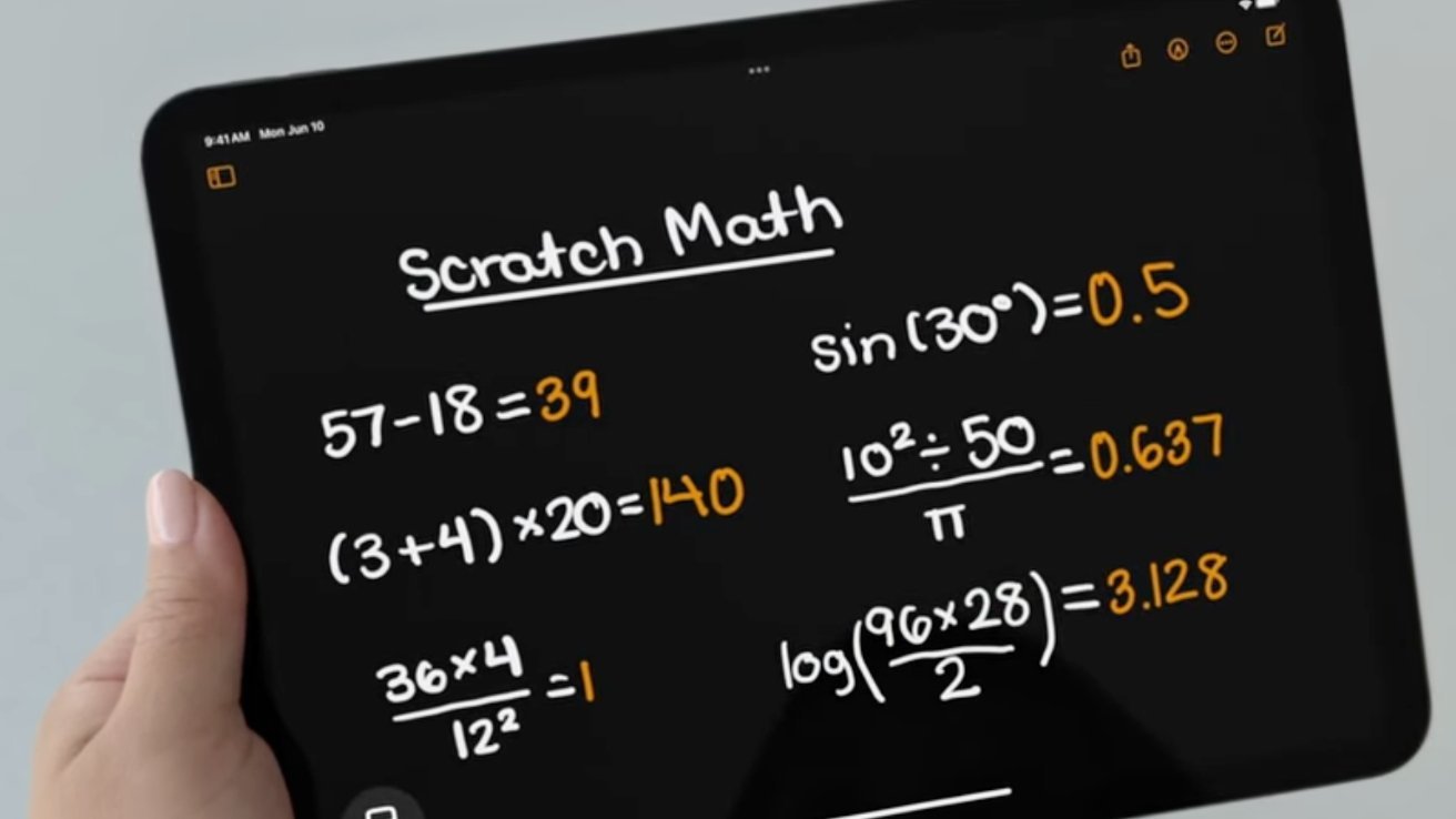 Hand holding an iPad displaying various handwritten math equations and their solutions on a black screen under the title 'Scratch Math'.