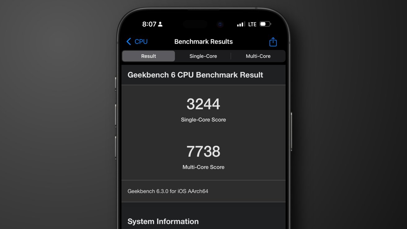 Smartphone screen displaying Geekbench 6 CPU Benchmark Result showing a single-core score of 3244 and a multi-core score of 7738, with other tabs for benchmark categories.