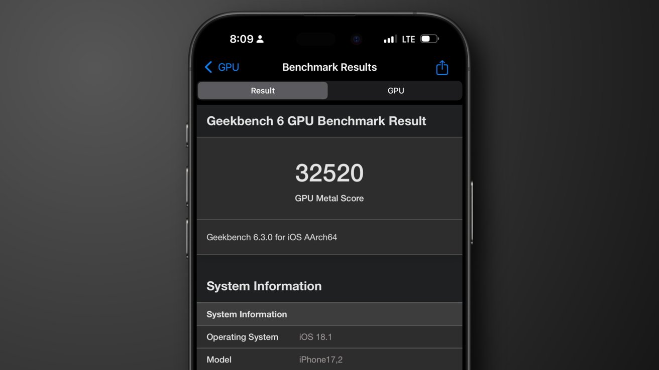 Smartphone screen displaying Geekbench 6 GPU benchmark results with a score of 32520 and system information showing iOS 18.1 and model iPhone17,2.