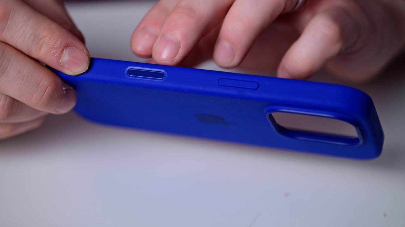 Apple's ultramarine blue iPhone 16 Pro case with the sapphire Camera Control button the side