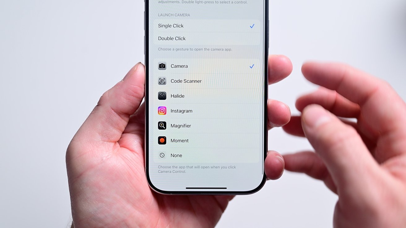 Settings menu on the iPhone with other camera apps you can use for the Camera Control button