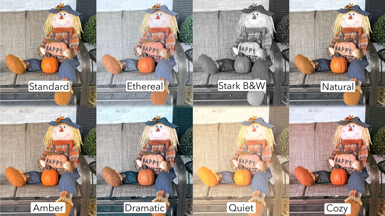 A grid showing 8 scarecrows with slightly different color schemes