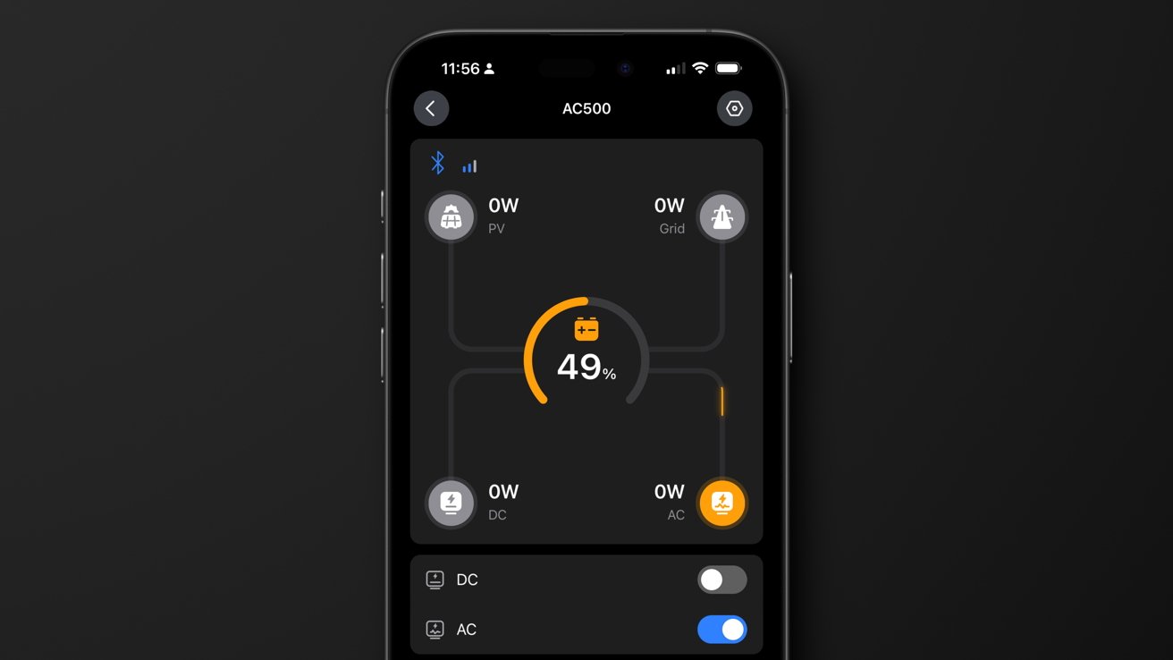 Smartphone screen displaying a battery management app with a 49% charge indicator, connected devices icons, and DC/AC toggle switches.