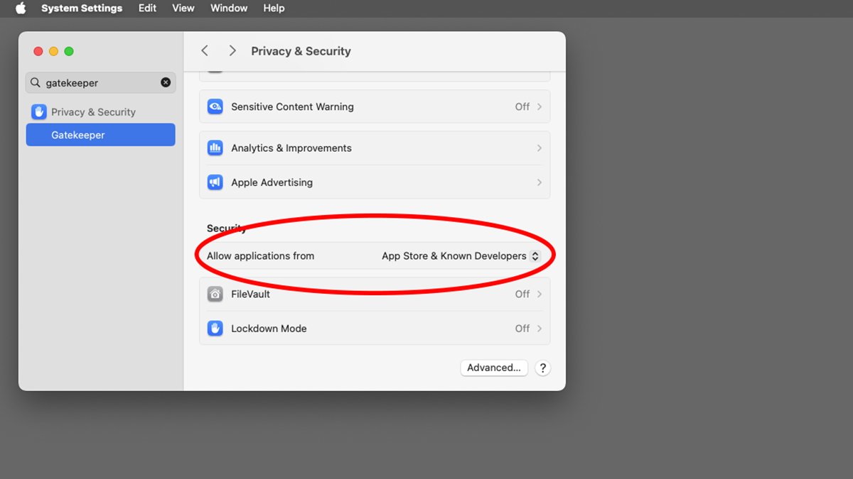 Computer settings window with Gatekeeper options highlighted.
