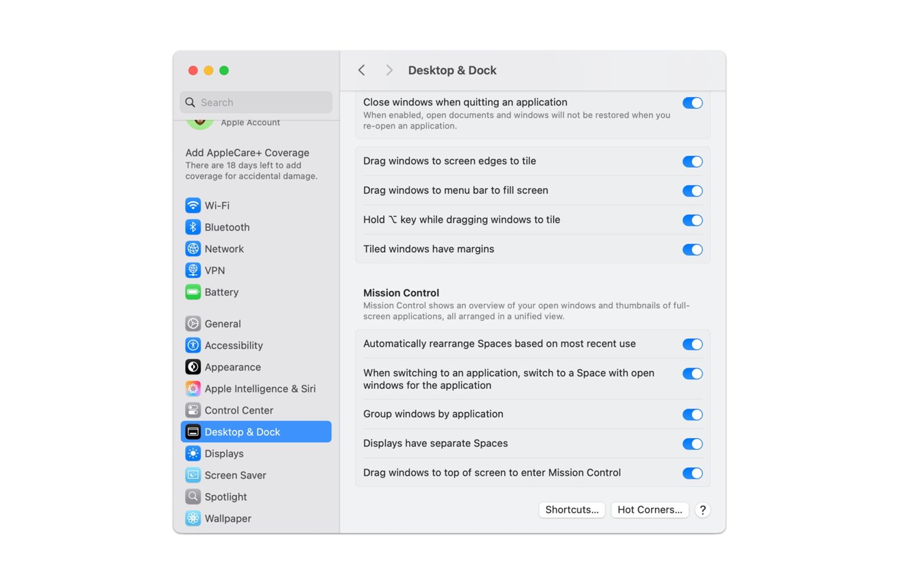 MacOS system settings window showing Desktop &amp; Dock options, including window management, Mission Control settings, and toggle switches for various features.