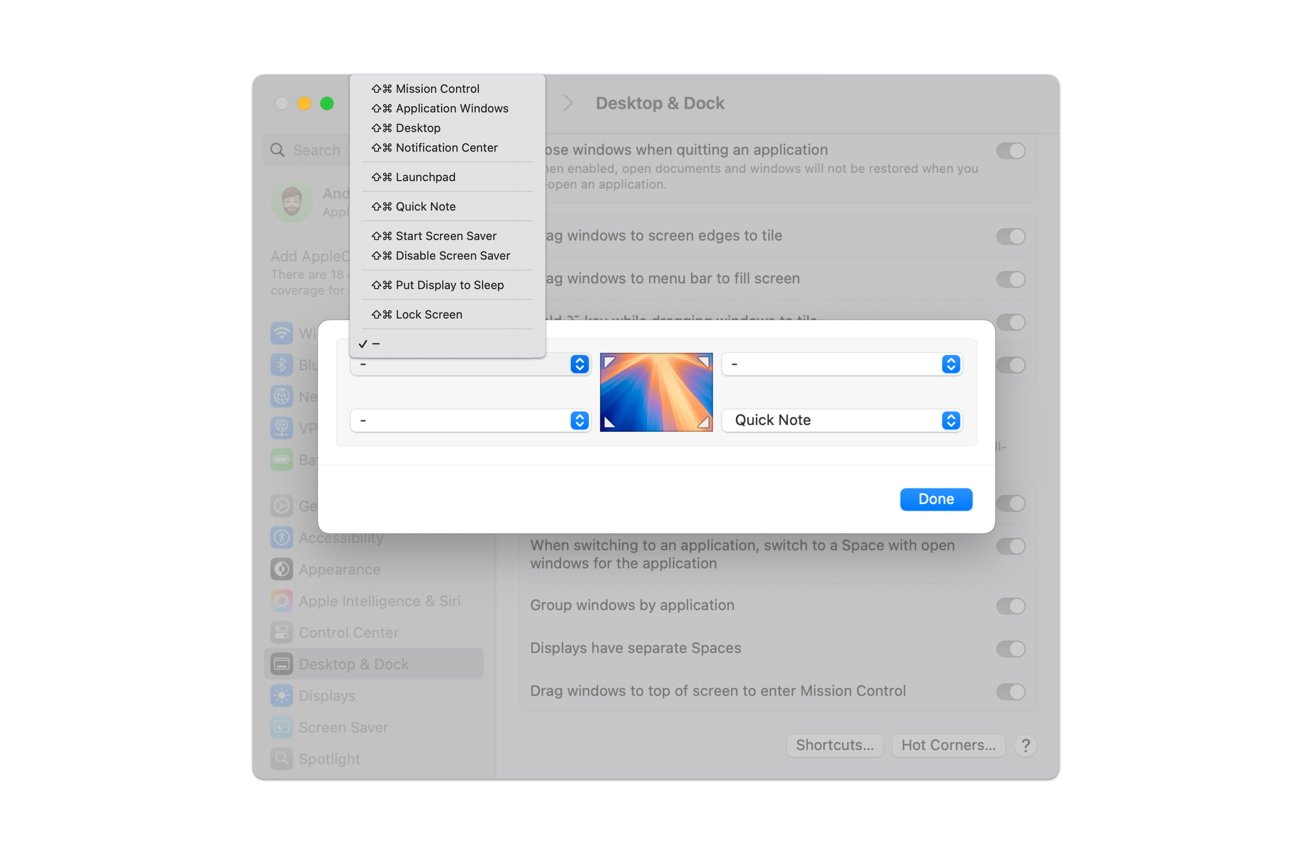 macOS settings window with highlighted Desktop &amp; Dock options, featuring a pop-up menu listing keyboard shortcuts and a Quick Note selection.