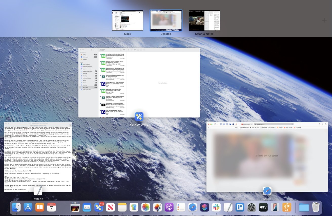 Computer screen showing multiple open applications with a space background. Includes Slack, TextEdit, NetNewsWire, Safari, and desktop icons at the bottom.