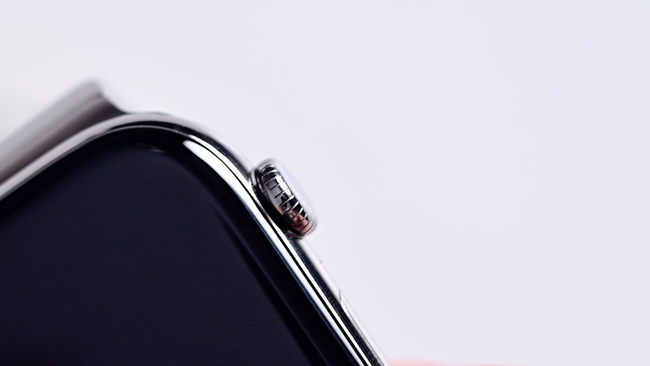 A closeup of the Digital Crown on the side of the Apple Watch