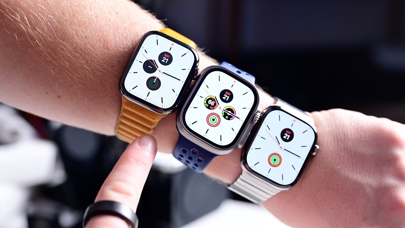 Three Apple Watch models on one wrist