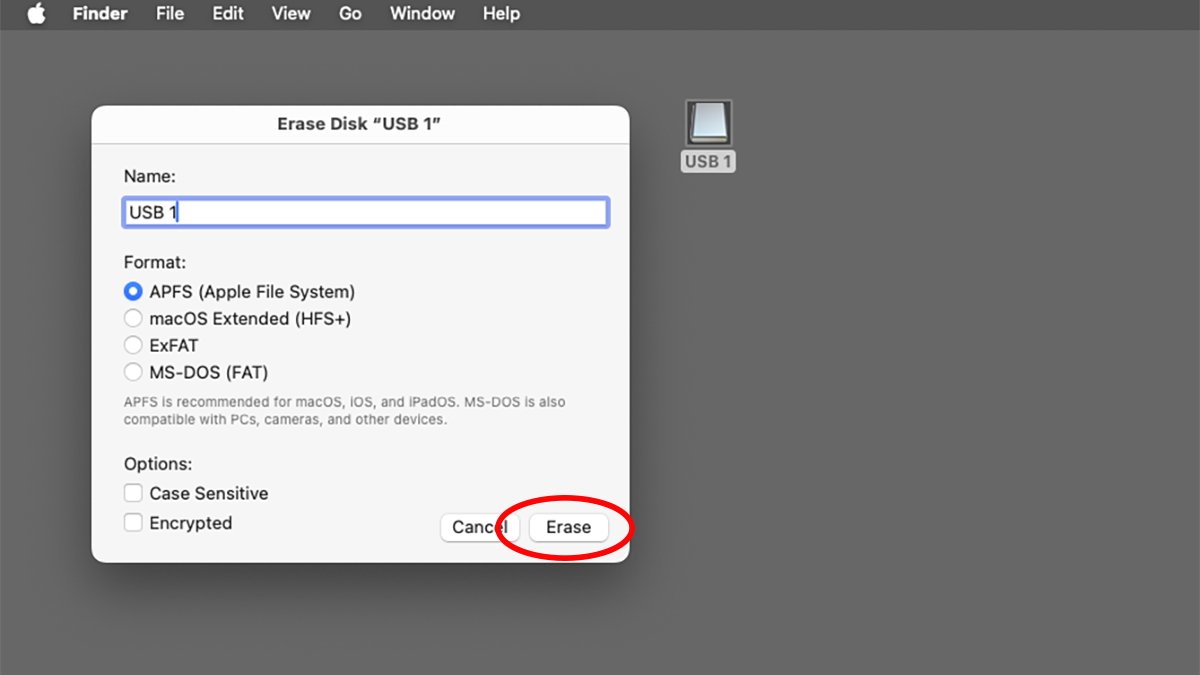 Mac Erase sheet showing disk formatting options for a USB drive.