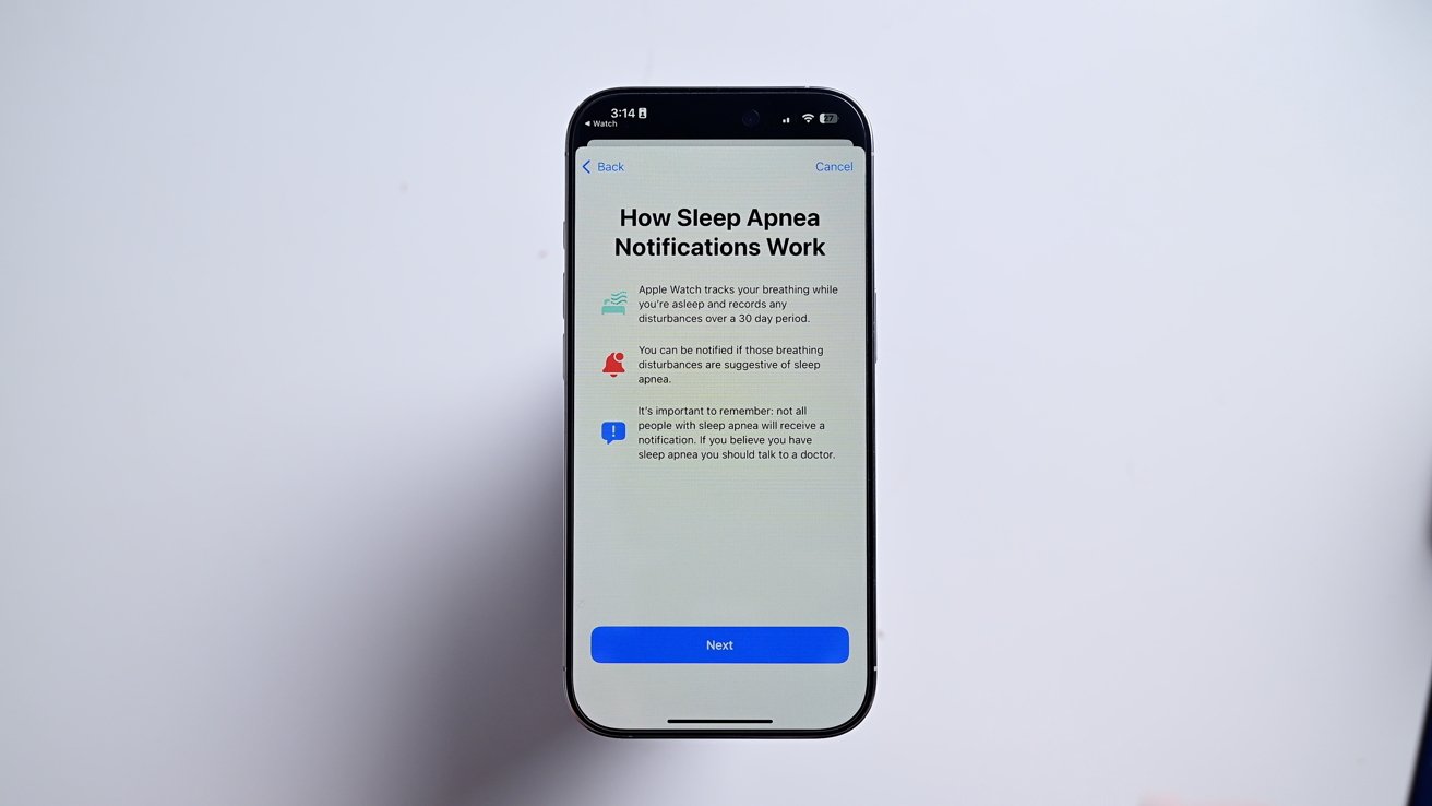 Smartphone screen displaying sleep apnea notifications information with a 'Next' button at the bottom.