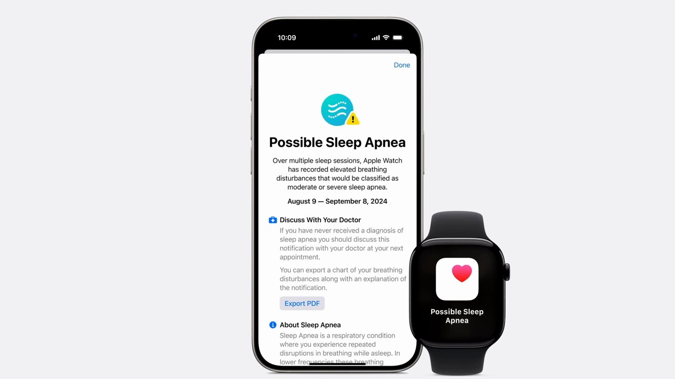 Smartphone and smartwatch display notifications about possible sleep apnea and suggest consulting a doctor, with options for exporting information.