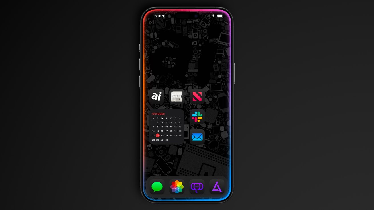 Smartphone screen with colorful border, black background, app icons, and calendar widget for October.