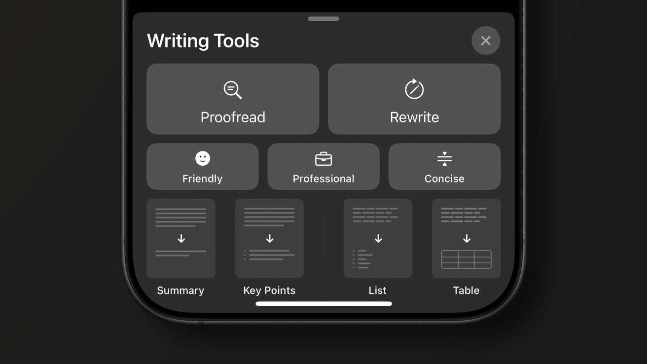 A mobile screen showing options for writing tools including proofread, rewrite, friendly, professional, concise, summary, key points, list, and table.