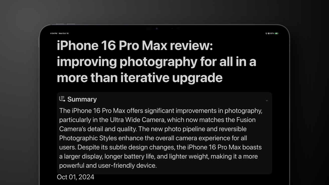 iPhone 16 Pro Max review highlighting enhanced photography features, improved Ultra Wide Camera, design changes, larger display, longer battery life, and lighter weight. Dated October 1, 2024.