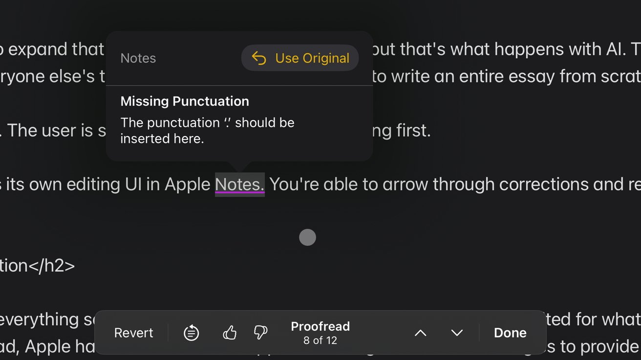 A text editing app highlights 'Notes' and suggests adding a period. Options include 'Use Original,' 'Revert,' and 'Proofread,' with 8 out of 12 errors found.