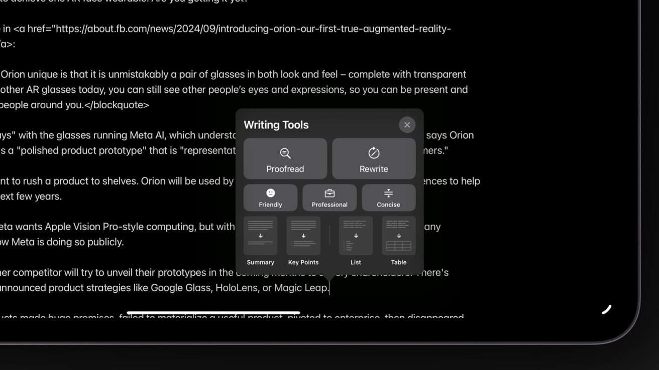 A digital writing tools menu overlay, including options like Proofread and Rewrite, appears on a screen displaying text.