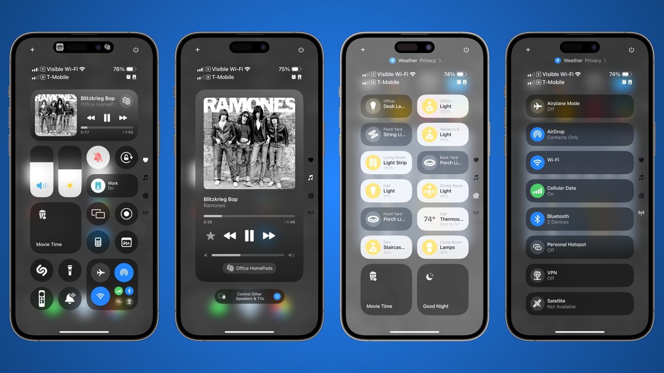 Four smartphones display various control panels and settings, including music playback for the Ramones, smart home controls, and connectivity options, against a blue background.