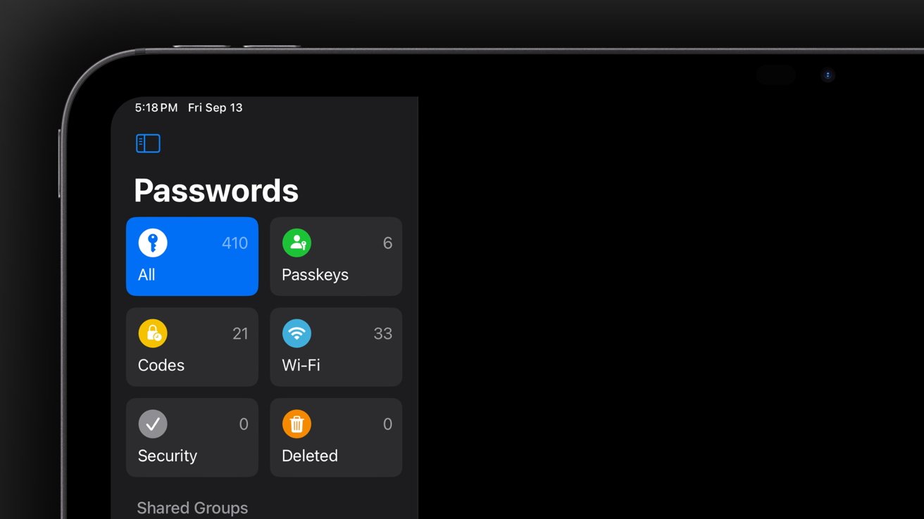 Partial screen showing password management app with categories: All (410), Passkeys (6), Codes (21), Wi-Fi (33), Security, and Deleted, displaying at 5:18 PM.