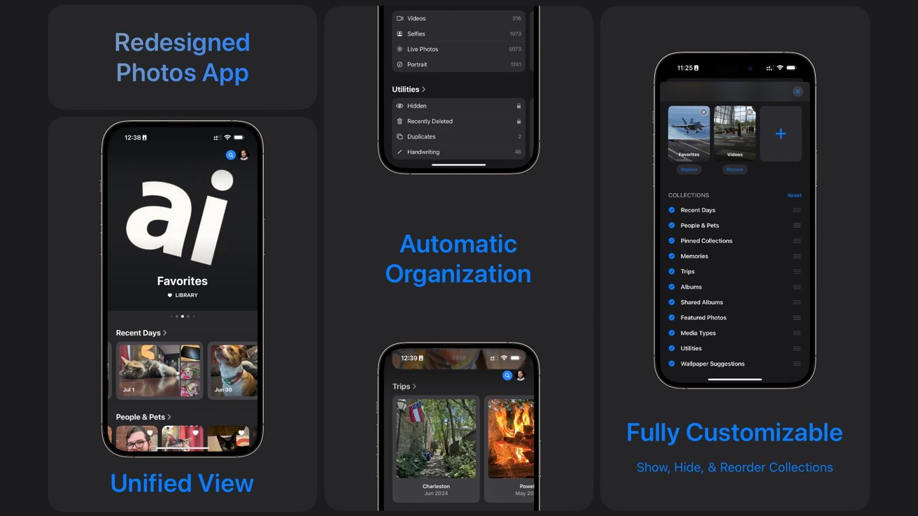 Four smartphone screens showcasing a redesigned photos app with features including unified view, automatic organization, and customizable collections for enhanced user experience.