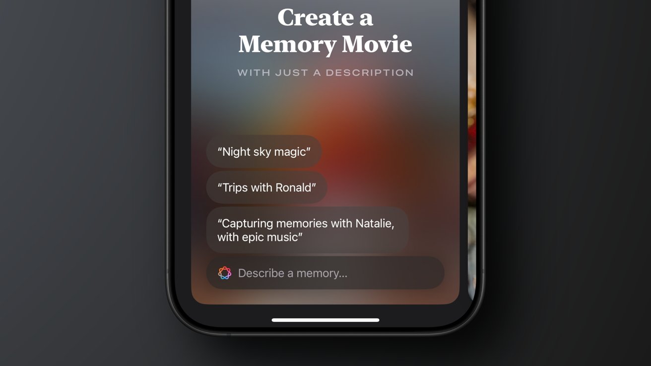 Smartphone screen with text options for creating a memory movie: Night sky magic, Trips with Ronald, Capturing memories with Natalie, with epic music; and a prompt to describe a memory.