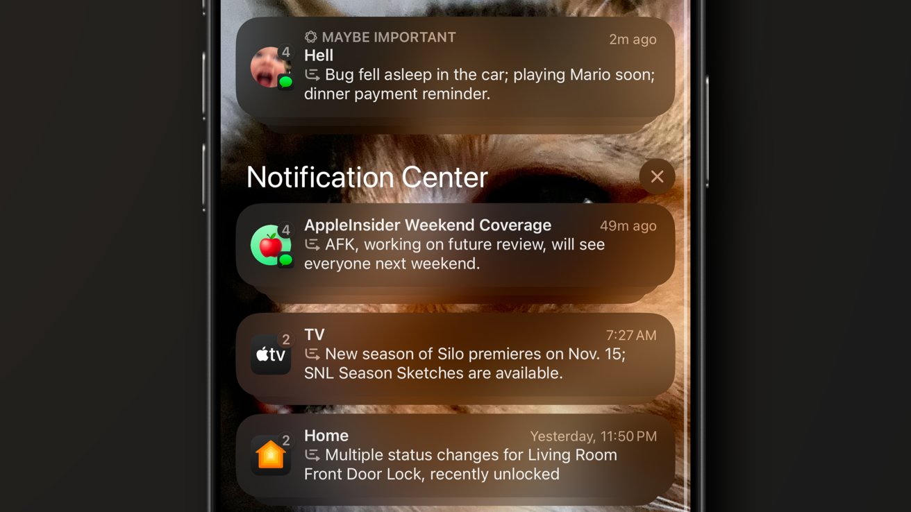 Smartphone notification center showing messages from a person, a weekend coverage alert, TV premieres, and home status changes for a front door lock.