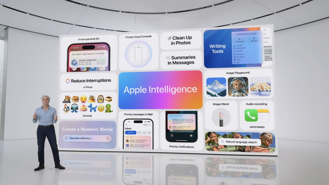 A person stands in front of a large screen displaying features and updates related to Apple Intelligence, including tools for photos, messaging, and writing.