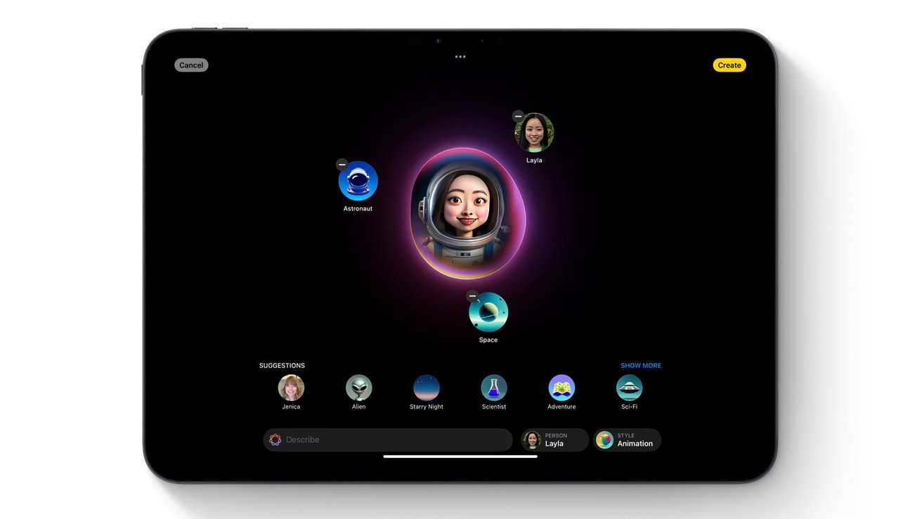 Tablet screen displaying an animated face inside a space helmet, surrounded by smaller icons and names, suggesting a creative design interface.