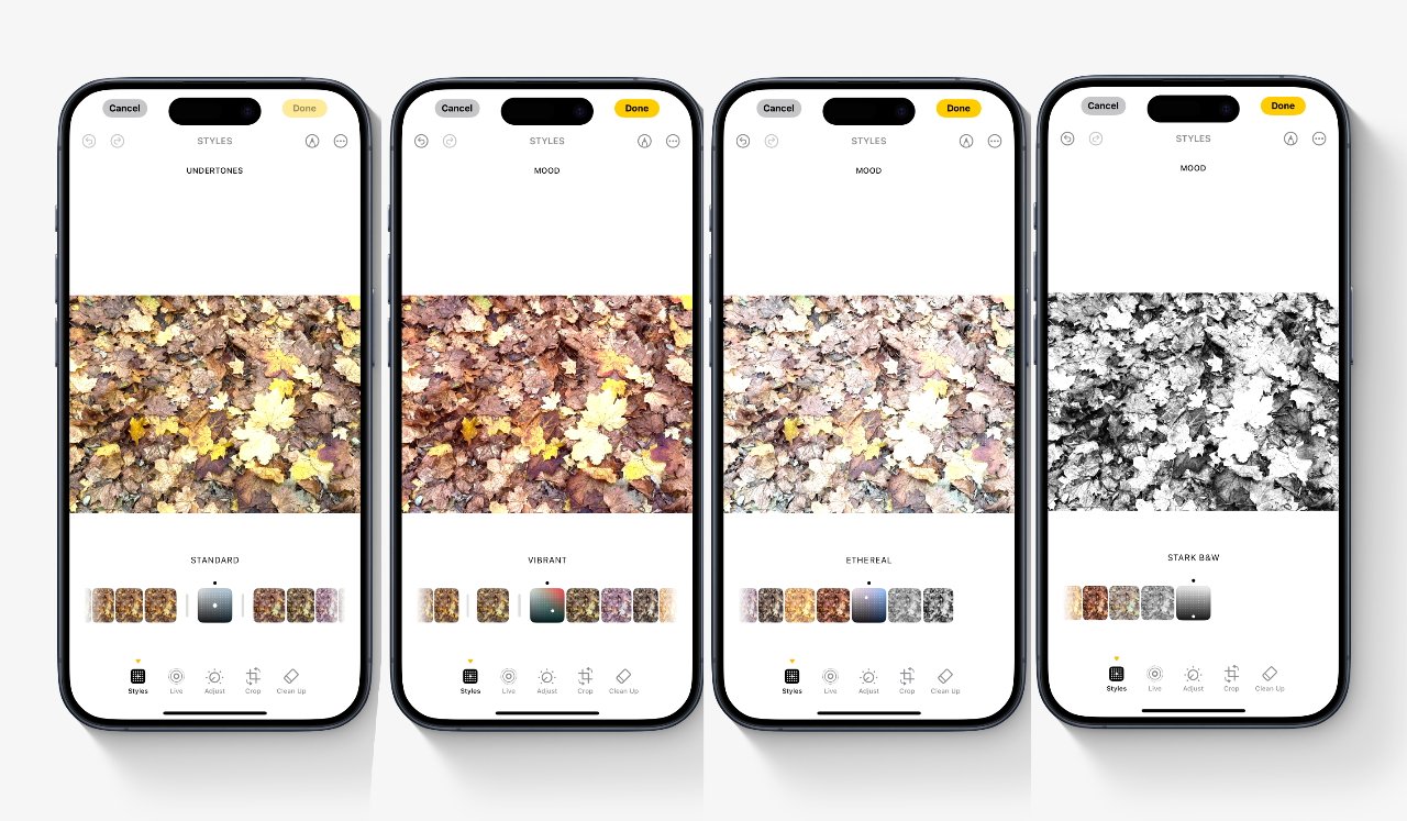 Four smartphones display a leaves photo with different filters: standard, vibrant, ethereal, and stark black-and-white.