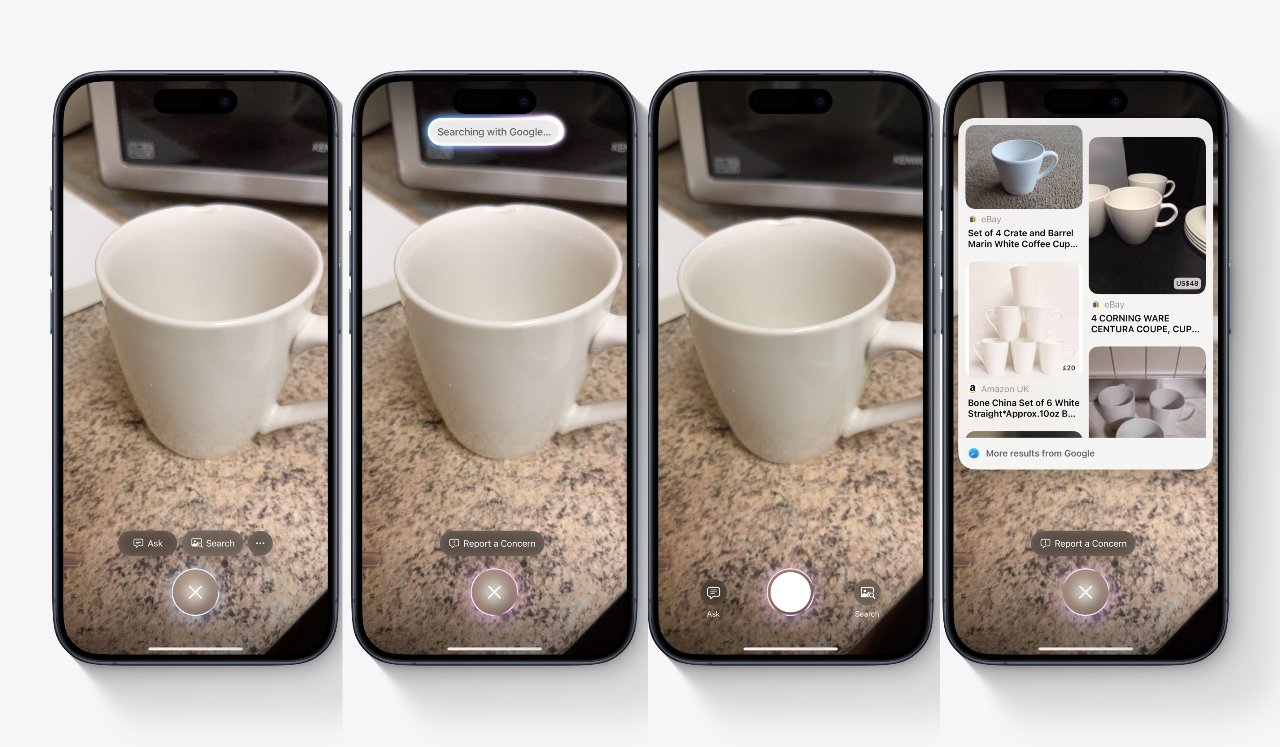 Four smartphones display a white mug on a countertop, with search and shopping information screens visible on each device.