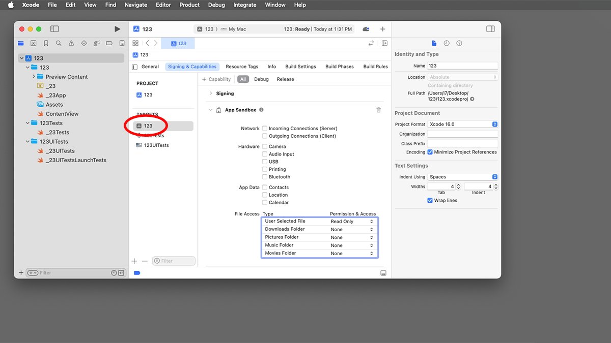 Xcode project window with App Sandbox settings.