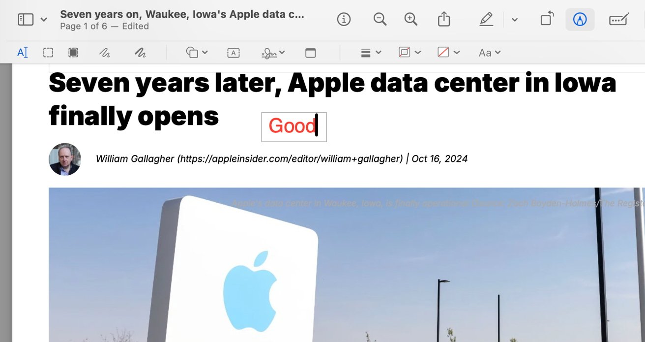 Screenshot showing a headline about an Apple data center opening in Iowa, with a small profile picture of a person named William Gallagher.