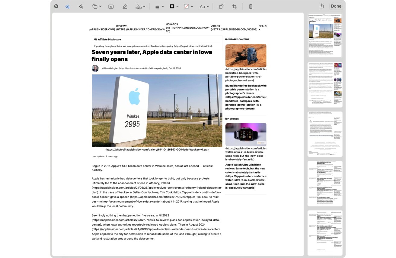 Article about Apple's new data center in Waukee, Iowa, featuring a large white Apple sign with 'Waukee 2995' beside fencing and grass.